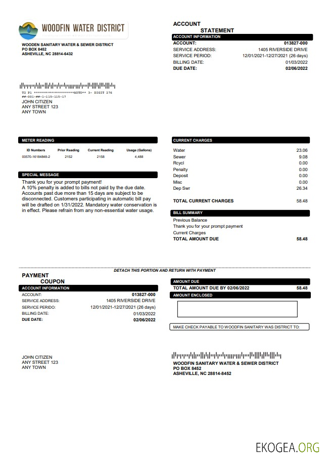 USA North Carolina Woodfin Sanitary Water & Sewer District utility bill template in Word and PDF format